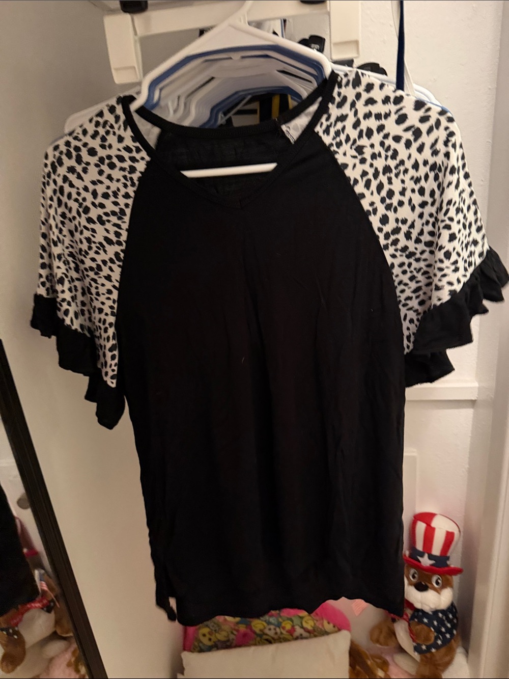 Black Raglan Top with White Dalmatian Print Ruffle Sleeves